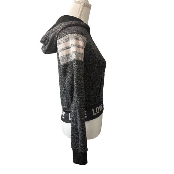 New Look Womens Gray & Pink Love Patch Cropped Zip-Up Hoodie W/ Striped Sleeves - Picture 4 of 13